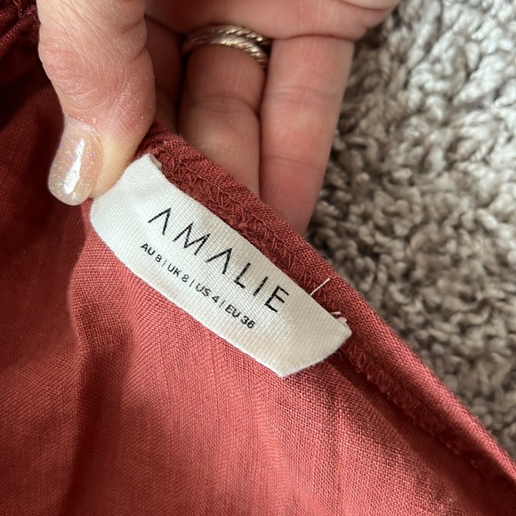 Amalie Cleide Linen One Shoulder Crop Top Midi Skirt Two Piece Set Dusty Clay - Picture 6 of 8